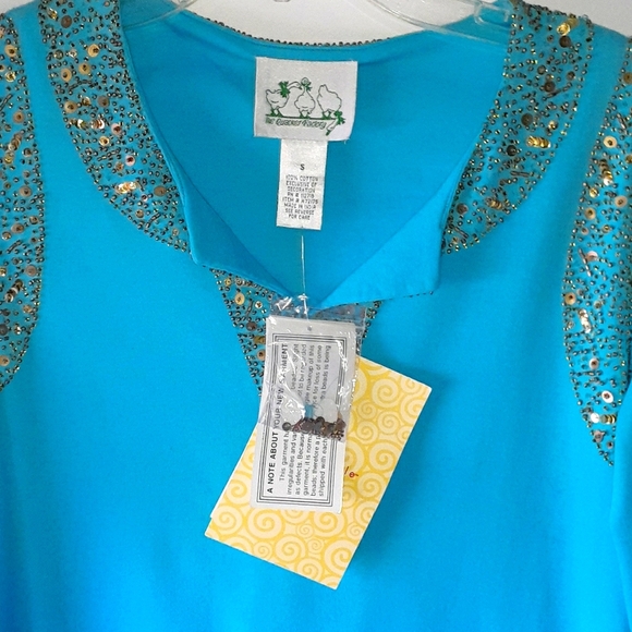 Quaker Factory Top Tunic Gold Sequin Embellished  Turquoise Blue Size Small - Picture 6 of 6